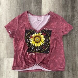 No Boundaries Red Graphic Tee with Sunflower Design
